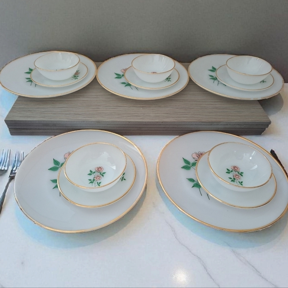 Vintage Juego 15 Pcs Fire King Anniversary Rose & Gold Set Milk Glass